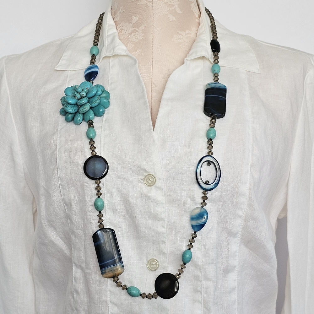 Handcrafted Turquoise & Agate Necklace – 36" Continuous Strand Boho Southwestern